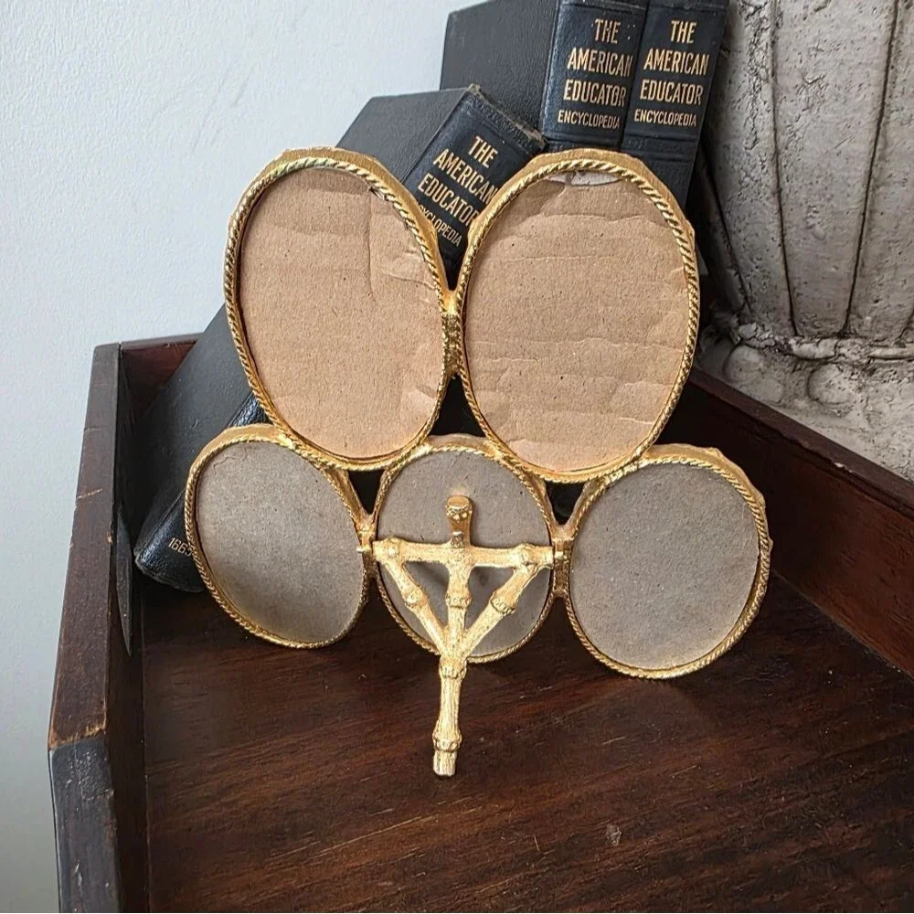 Gold Plated Faux Bamboo 5 Picture Frame 1970s Gilt Metal Grandmill